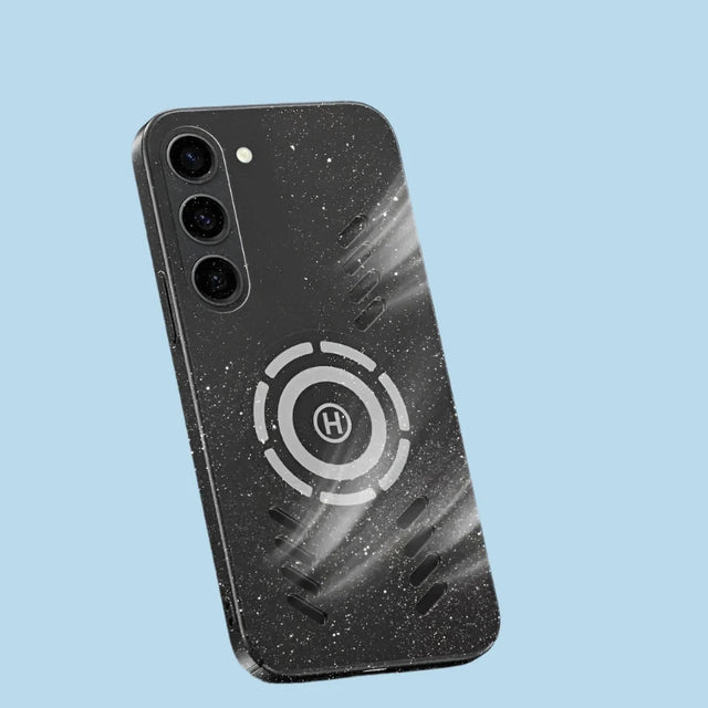 the back of a black and white iphone case with a white circle on it