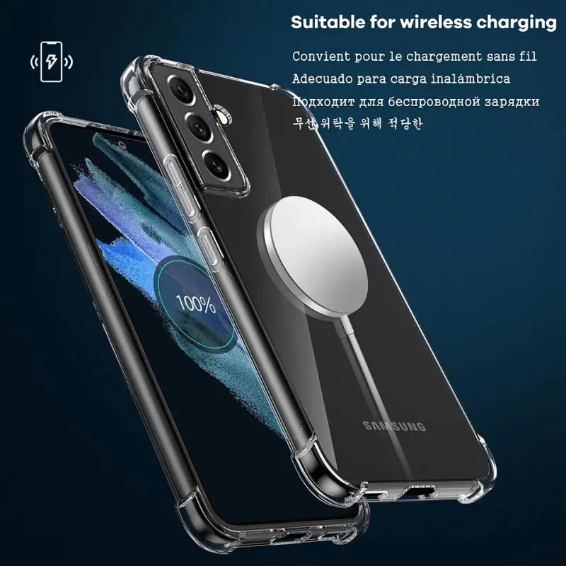 the back of a black iphone case with a circular mirror on it