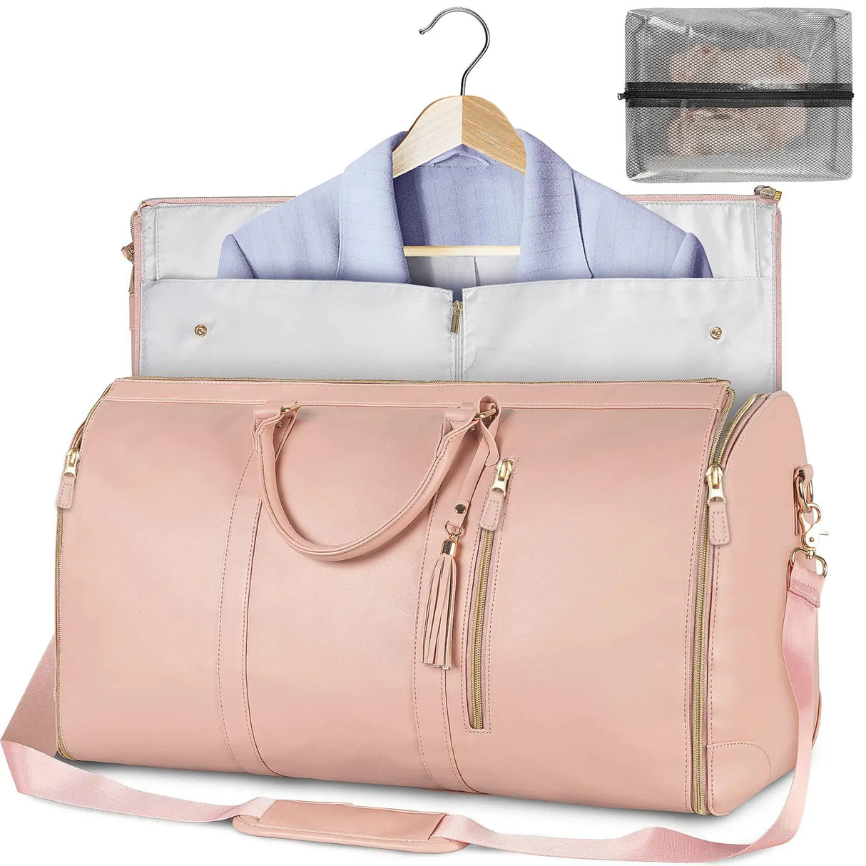 a close up of a pink bag with a suit hanger and a bag