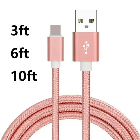 a pink braided usb cable with a white background