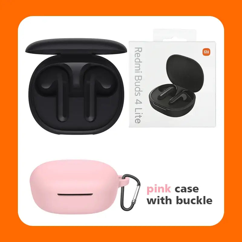 a close up of a pink case with a black earphone