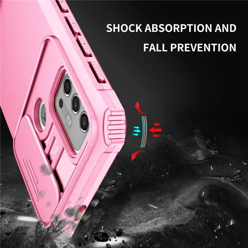 a close up of a pink case with a broken phone