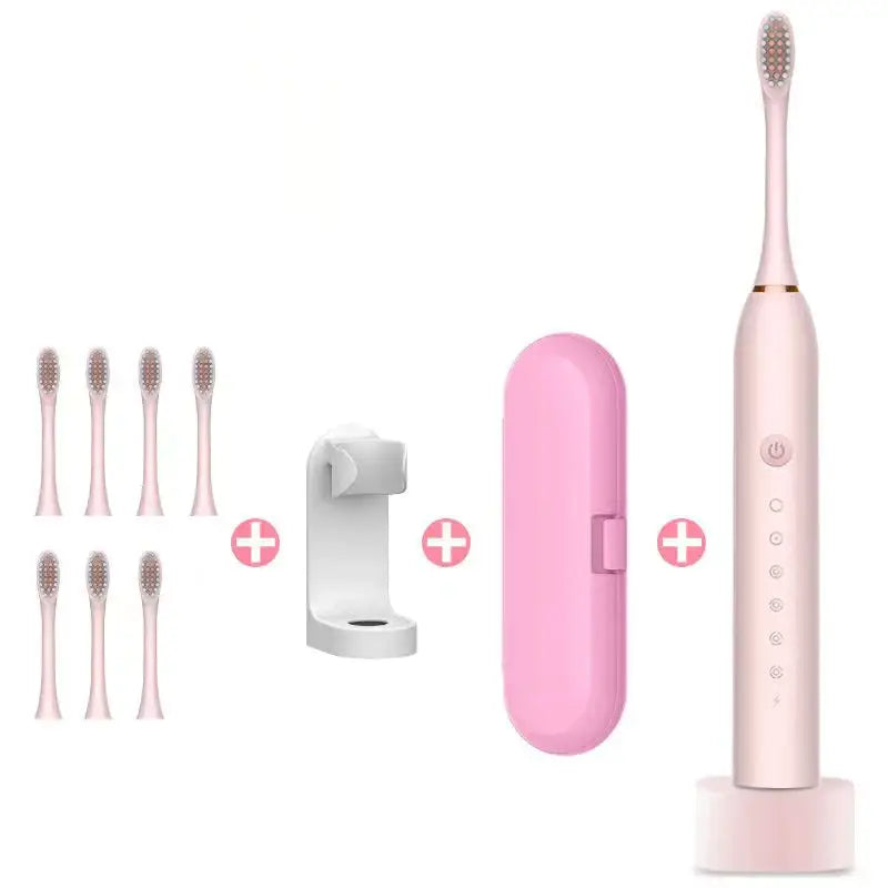 A close up of a pink electric toothbrush with a white tooth brush holder