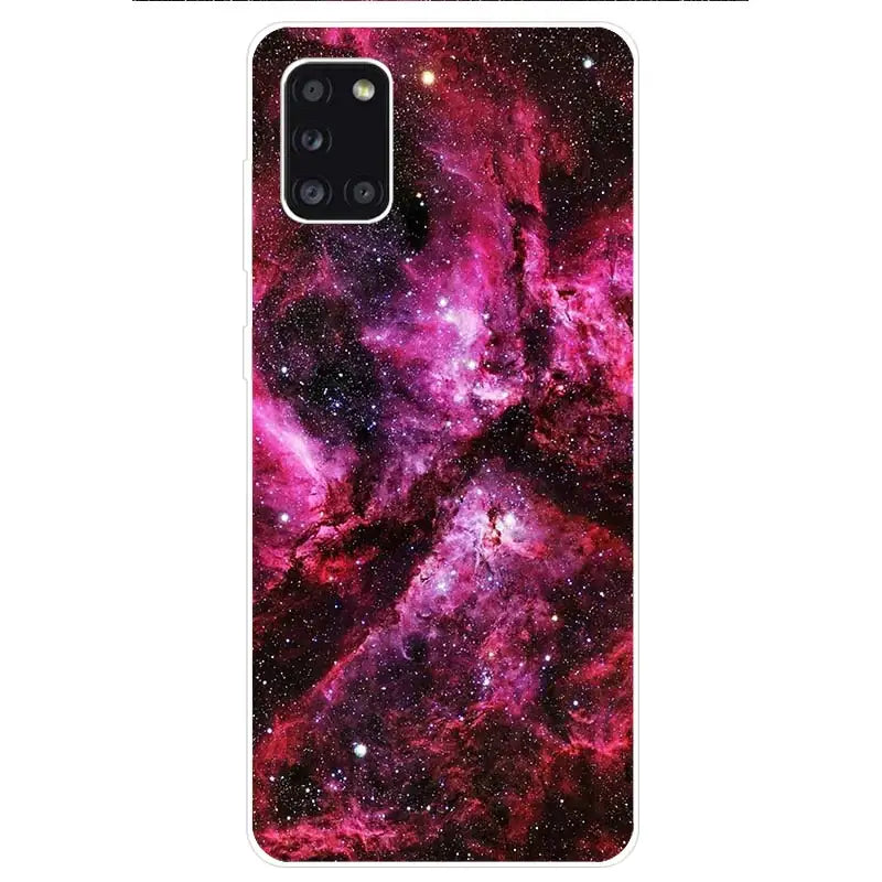 A close up of a pink galaxy phone case with a star field