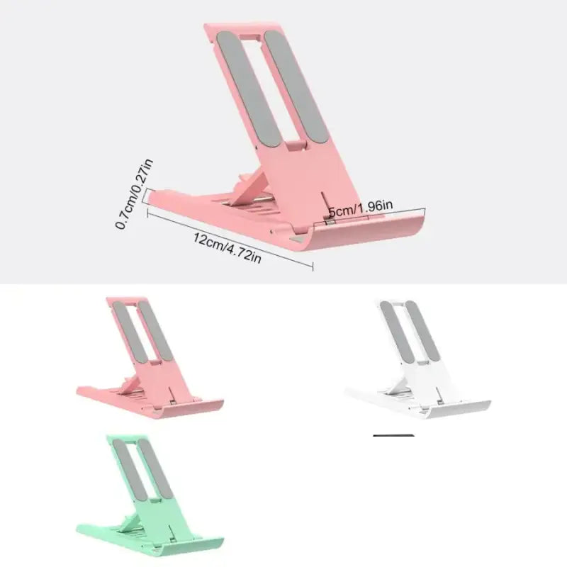 a pink and green phone stand with a white base