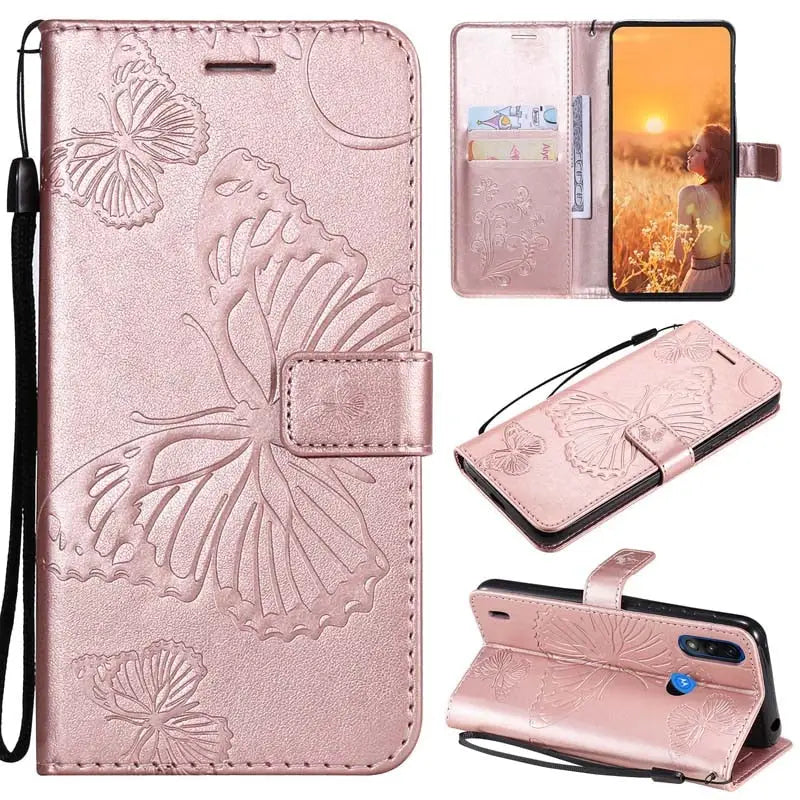 a pink leather wallet case with a butterfly design