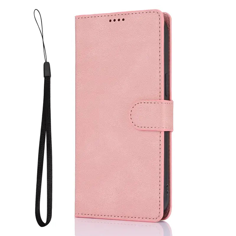 a close up of a pink wallet case with a lanyard