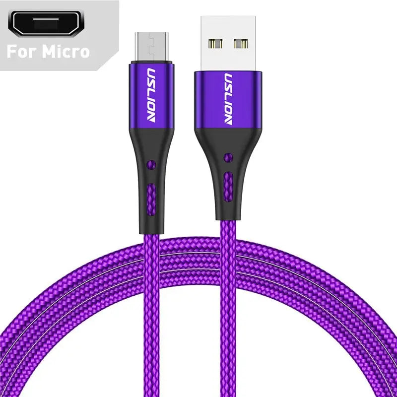 a close up of a purple and black cable connected to a charger