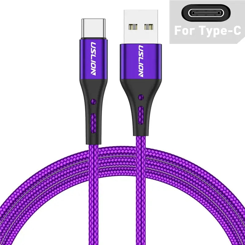 a close up of a purple and black cable connected to a charger