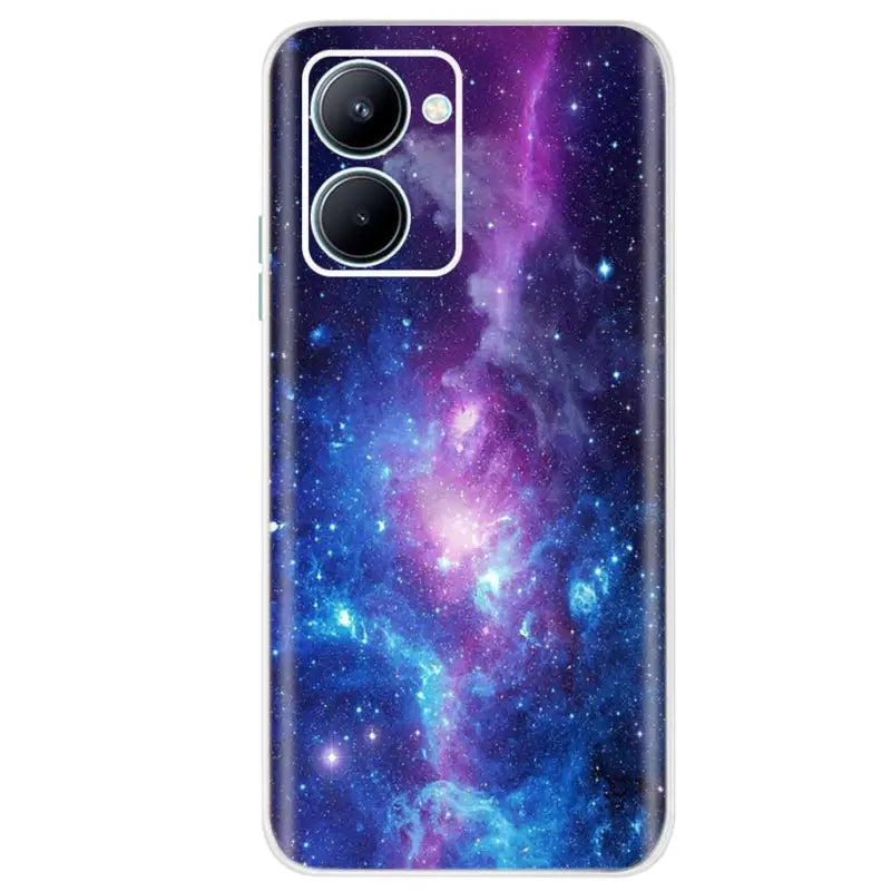 a purple and blue galaxy phone case with a black lens