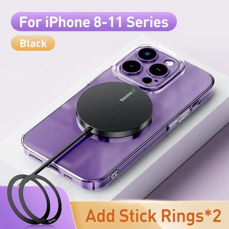 a close up of a purple phone with a black ring attached