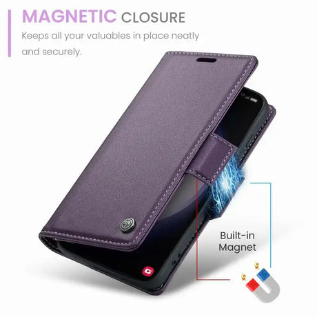 A close up of a purple samsung note9 case with magnetic closure