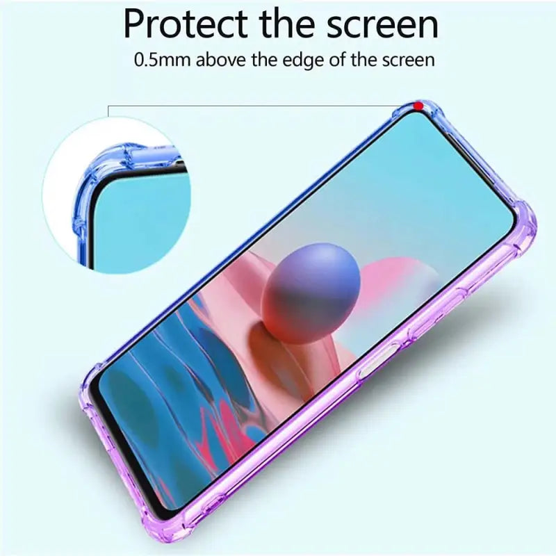 a close up of the back of a purple samsung phone case with a blue screen protector