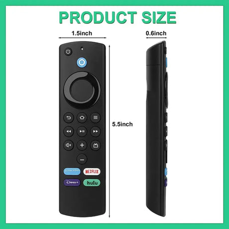 A close up of a remote control with a product size