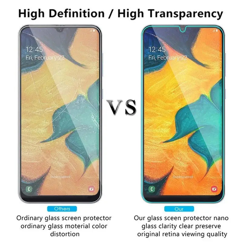 a close up of two samsung galaxy s10e phones with different screen protectors