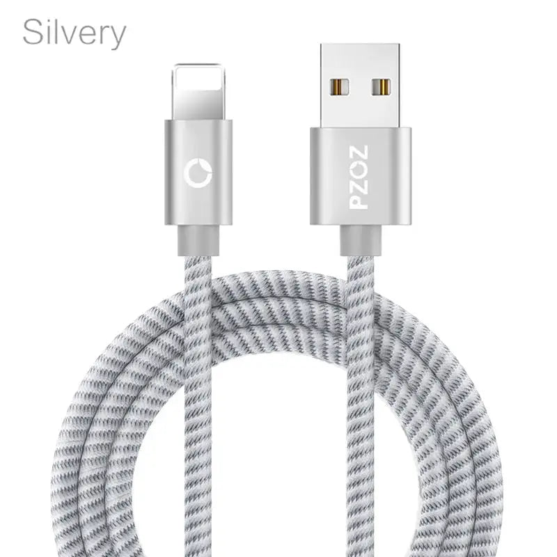 a white cable with a silver braid