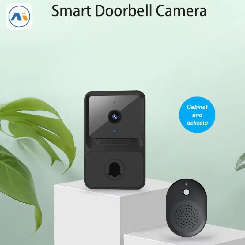 A close up of a smart door bell camera on a pedestal