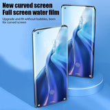 Curved smartphone screens with a water-like film display showcasing a blue and purple swirl pattern.