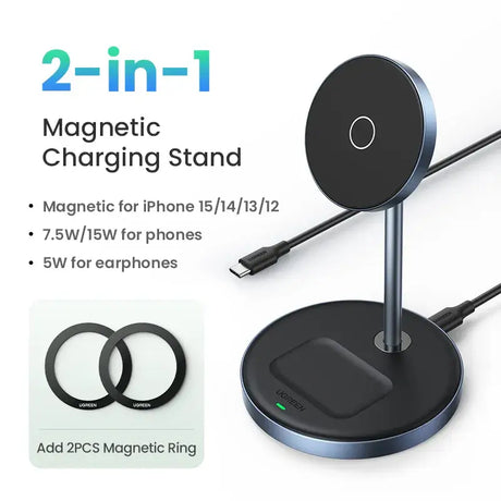 A close up of a charging stand with two rings and a phone