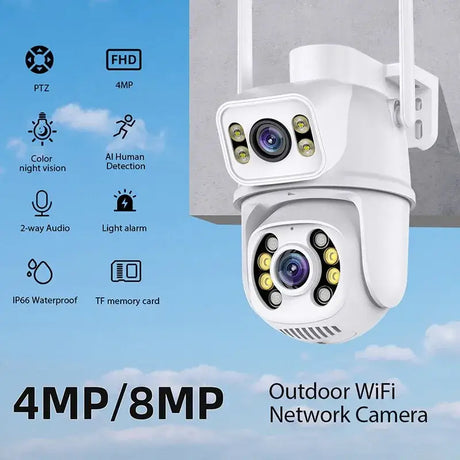 A close up of two cameras mounted on a wall with a sky background