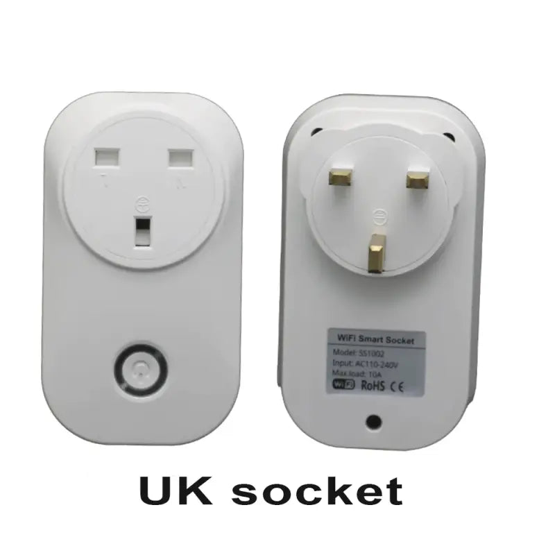 a close up of two white electrical outlets with a uk socket