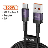 a close up of a usb cable with a purple and black braid