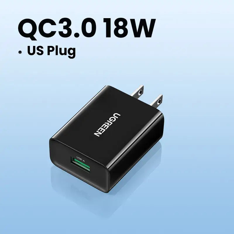 A close up of a usb charger with the words q3 0 18w