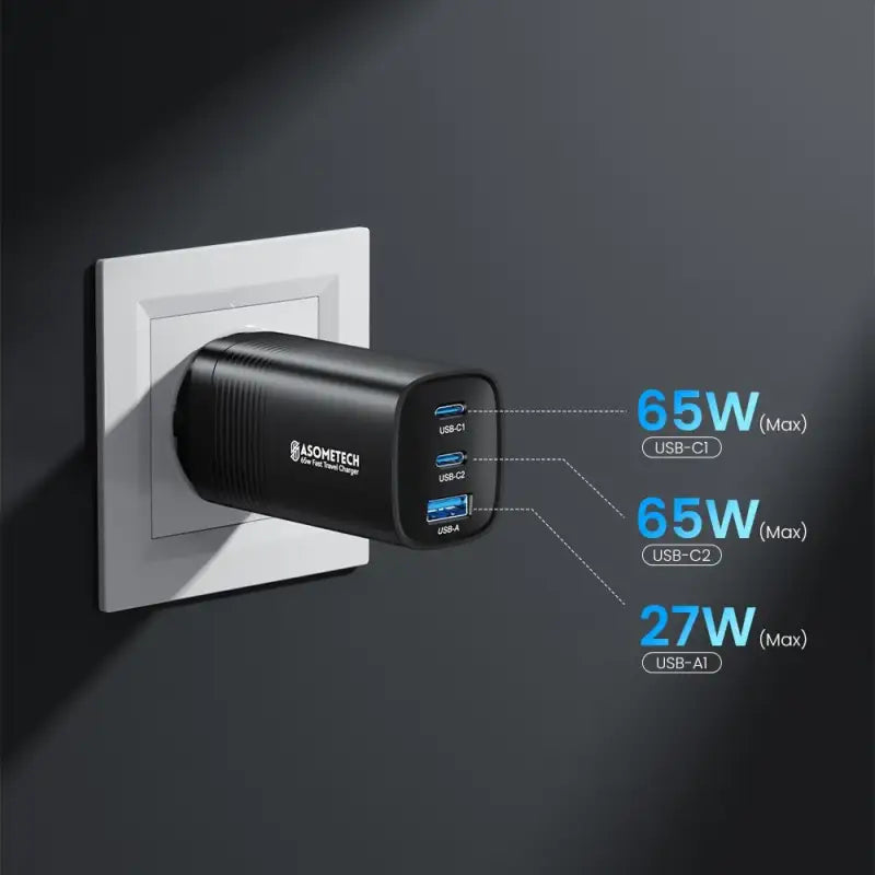 A close up of a wall mounted charger with a diagram of the features