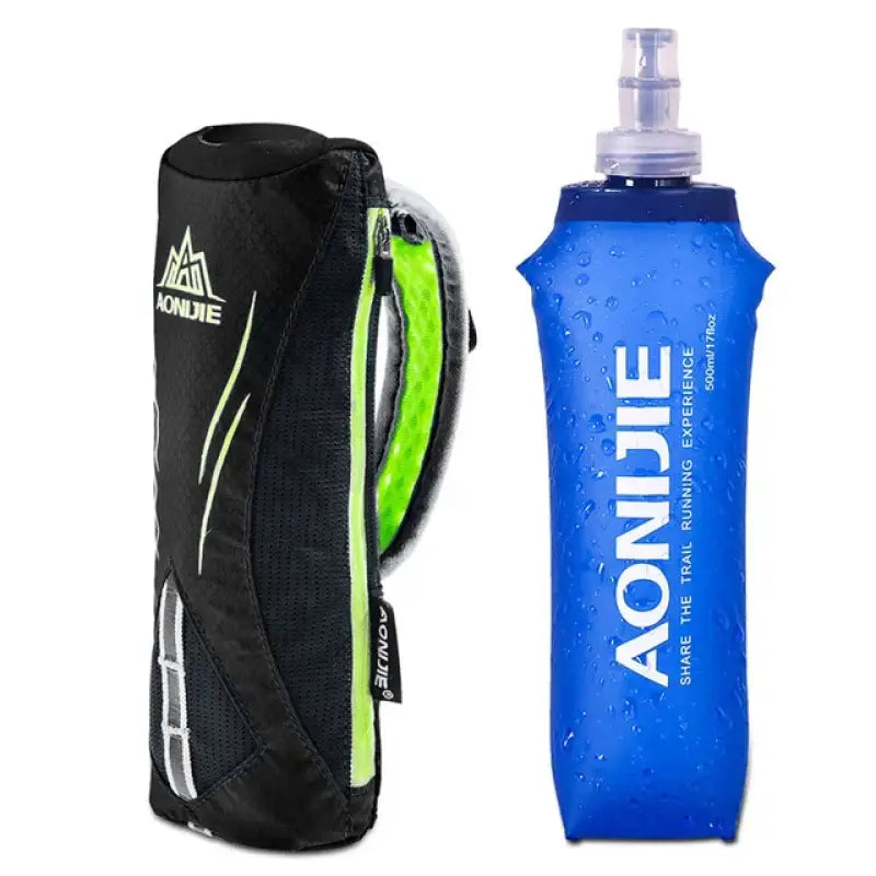 a close up of a water bottle and a bag on a white background