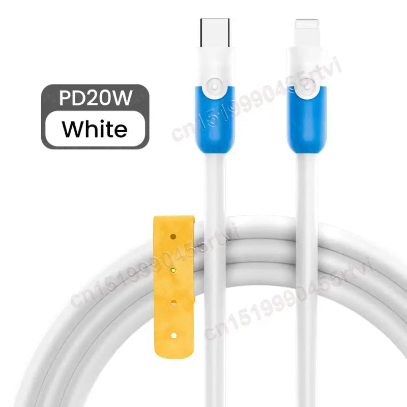 a close up of a white and blue cable connected to a yellow and white charger