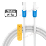 a close up of a white and blue cable connected to a yellow and white charger