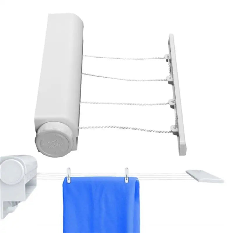 a white and blue towel hanger with a blue towel hanging on it