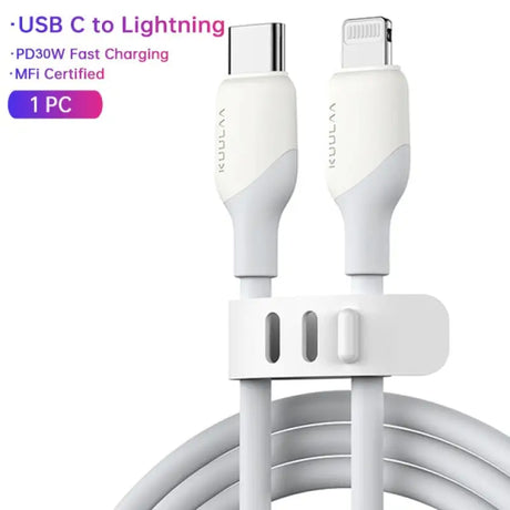 a close up of a white usb cable connected to a charger