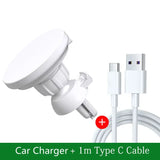 a close up of a white car charger and a type c cable