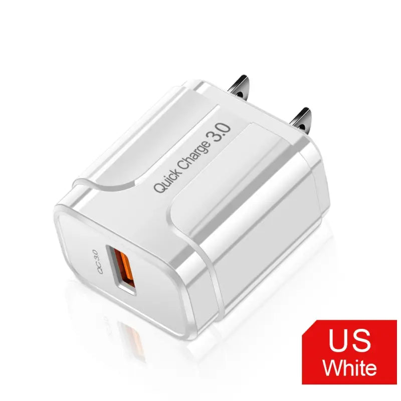 a close up of a white usb charger with a red us white logo
