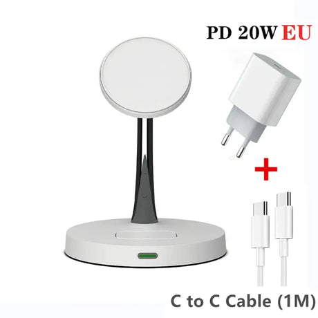 a close up of a white device with a charger and a cable