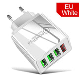 a white usb charger with three usb ports and a red eu white logo
