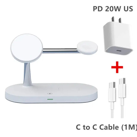 A close up of a white device with a charger and a cable