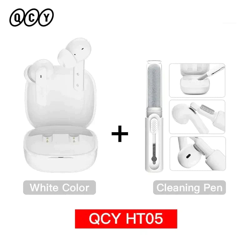 A close up of a white earphone with a cleaning pen and a qy h105