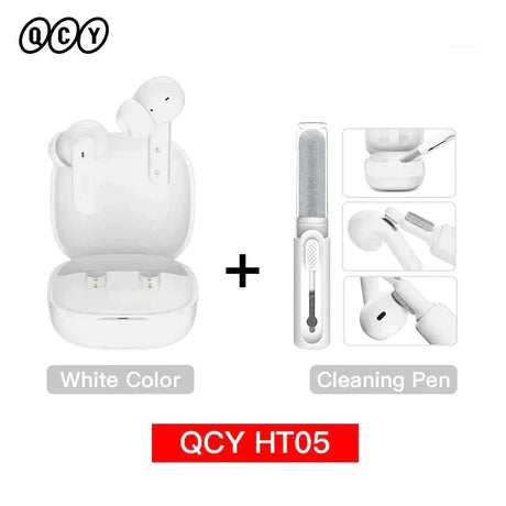 A close up of a white earphone with a cleaning pen and a qy h105