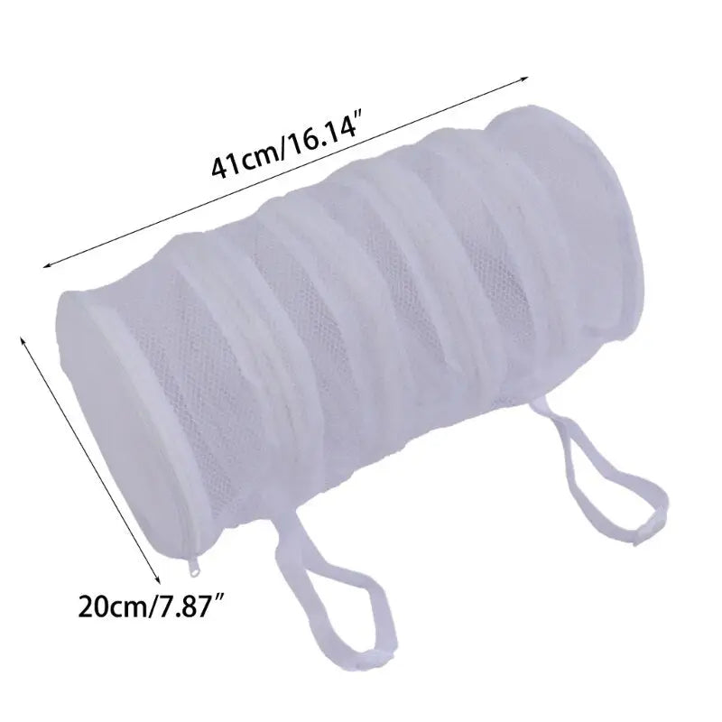 a close up of a white mesh bag with a handle