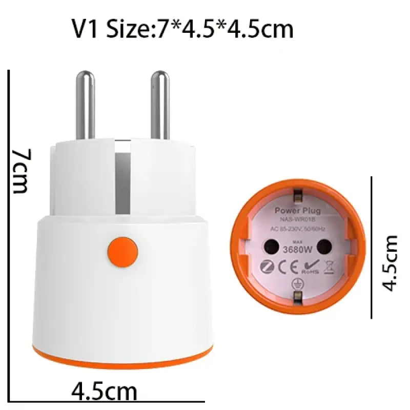 a close up of a white and orange plug with a red button