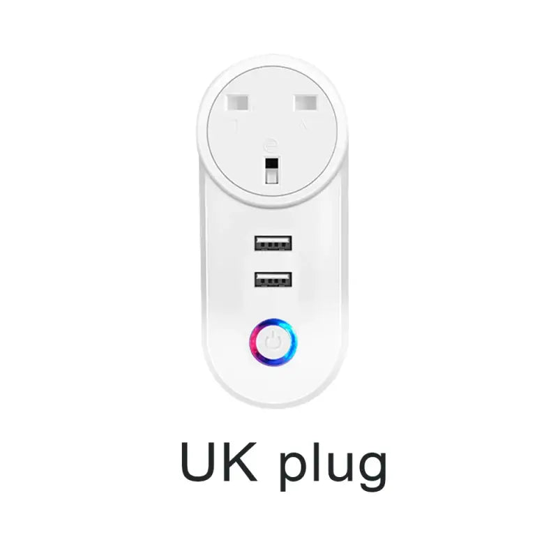 a close up of a white plug with a blue and pink button