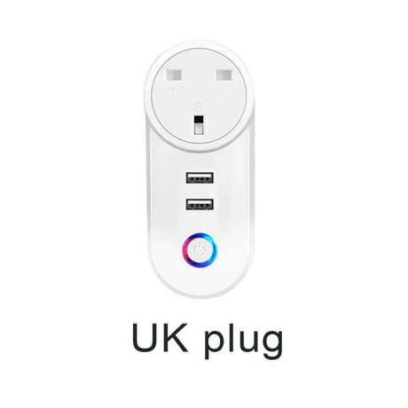 A close up of a white plug with a blue and pink button