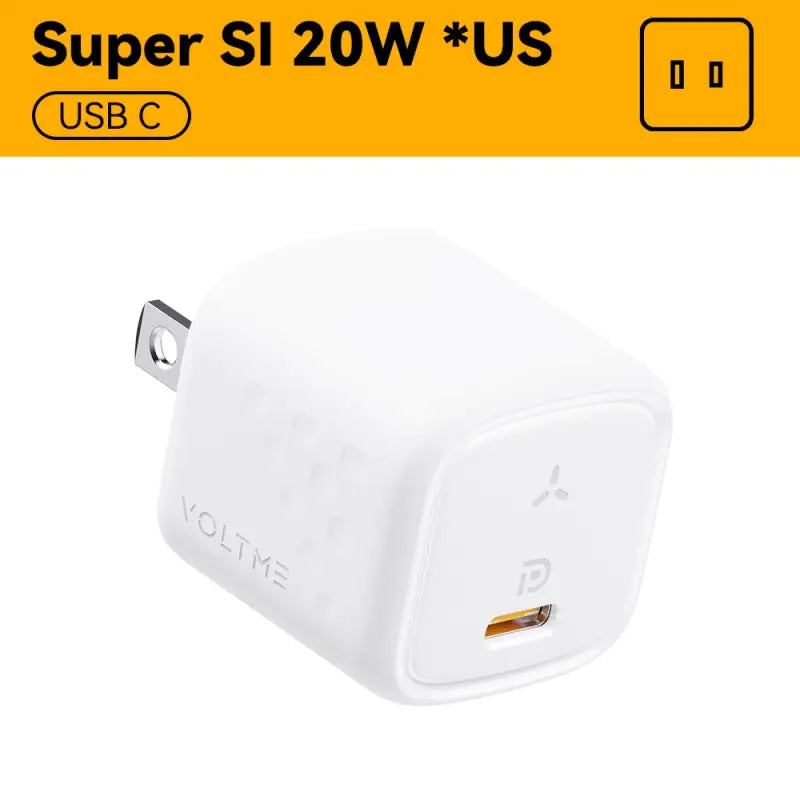 a white power adapter with a yellow background and a yellow tag