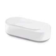 a close up of a white rectangular dish on a white surface