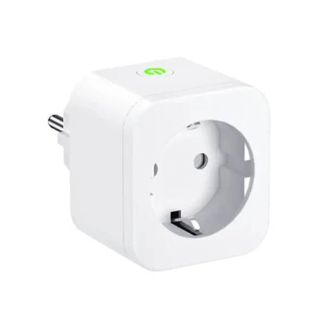 a close up of a white smart plug with a green button