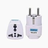 A close up of a white travel adapter with two plugs