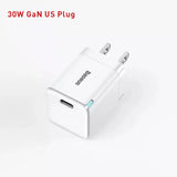 a close up of a white wall charger with a red text