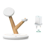 the wireless phone stand with a wooden handle and a white base